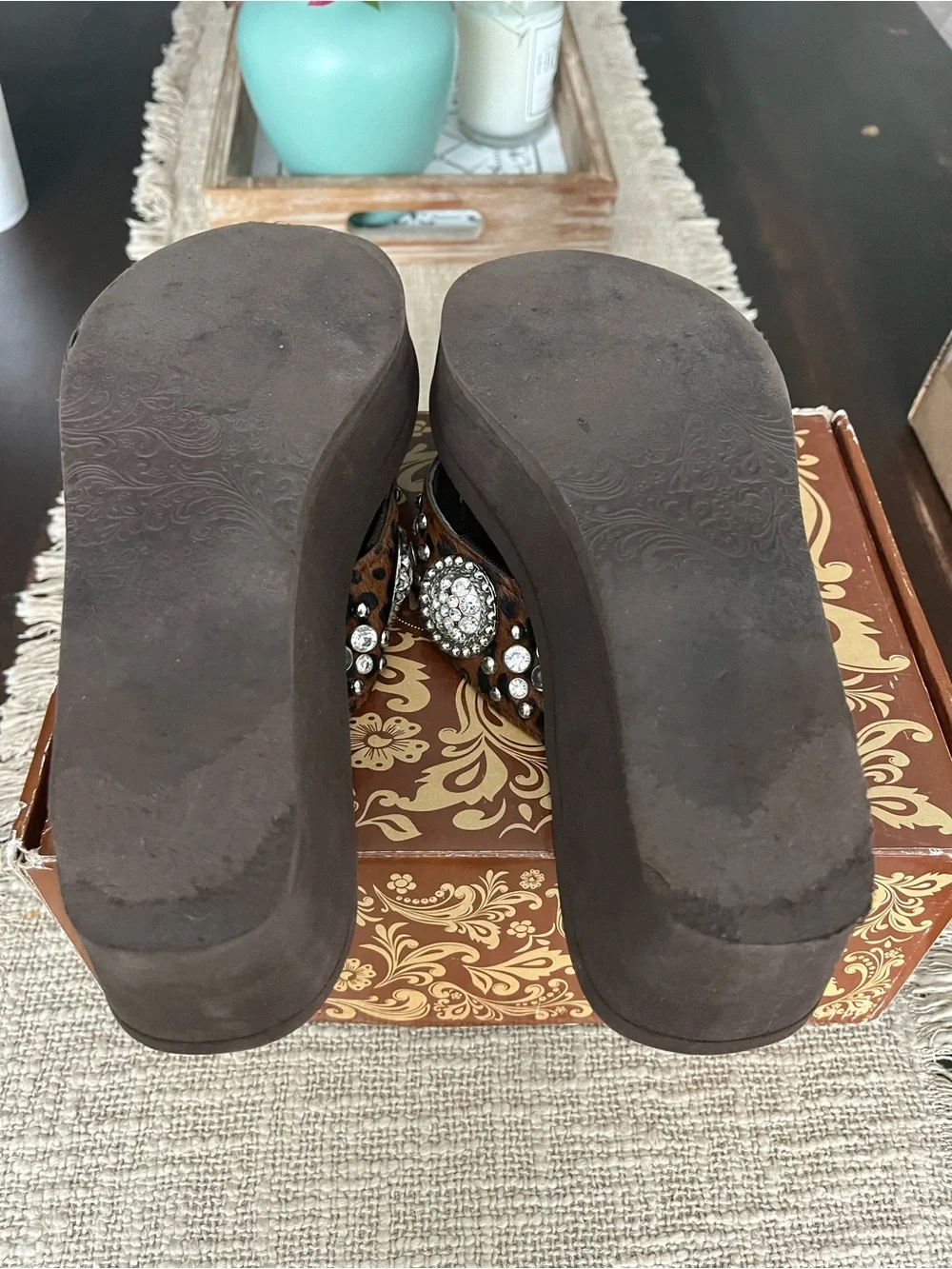 Brown Leopard Platform flip flops with Crystal Medallions